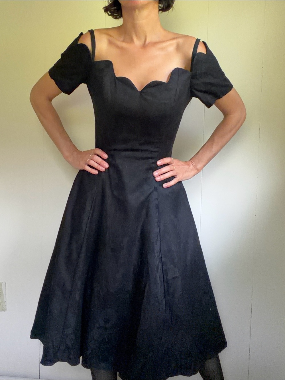 Vintage 90s Classic Black Off-Shoulder Fit & Flare Dress minimalist made in USA